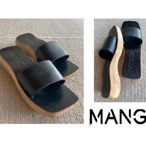 Mango Leather & Wood Slides Sz 9 (USA) 40 (EUR)